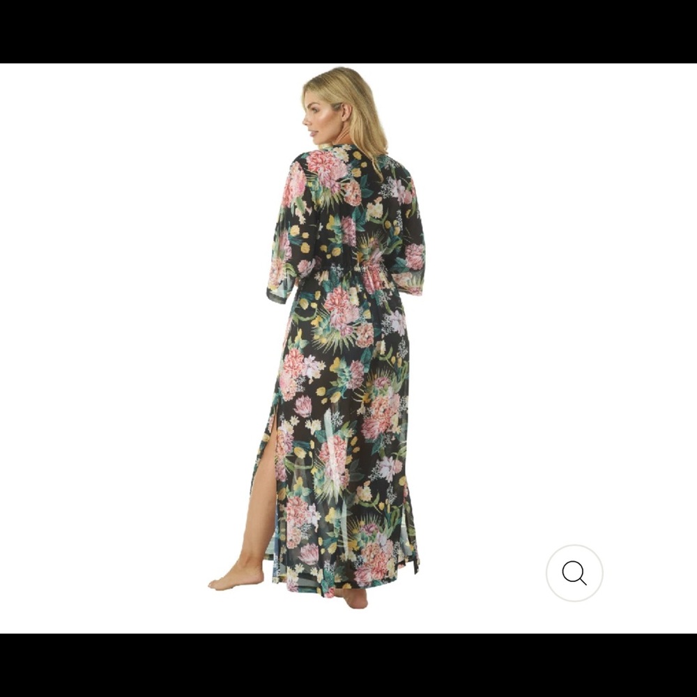 Jantzen Black Floral Maxi Swim Coverup with Pink & Green Print